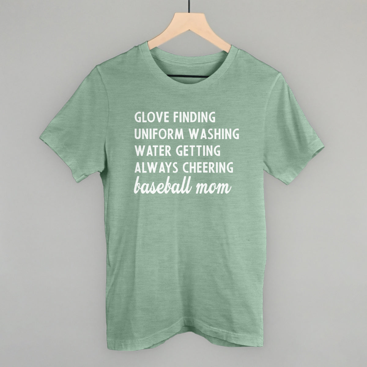Green comfort color t-shirt with white text on a gray background