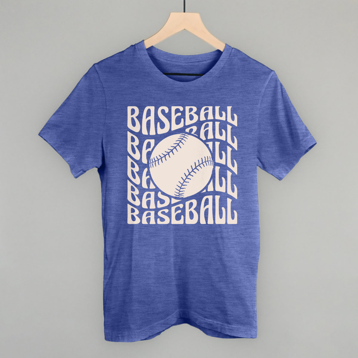 Blue t-shirt with 'BASEBALL' text and a baseball graphic on a gray background