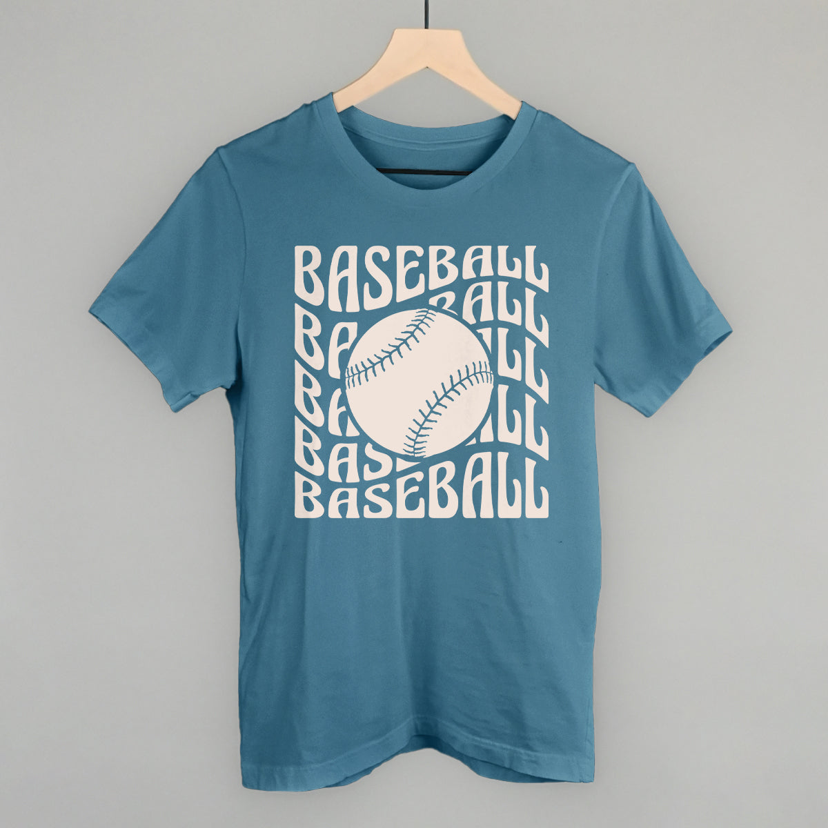Blue t-shirt with 'BASEBALL' text and a baseball graphic on a gray background