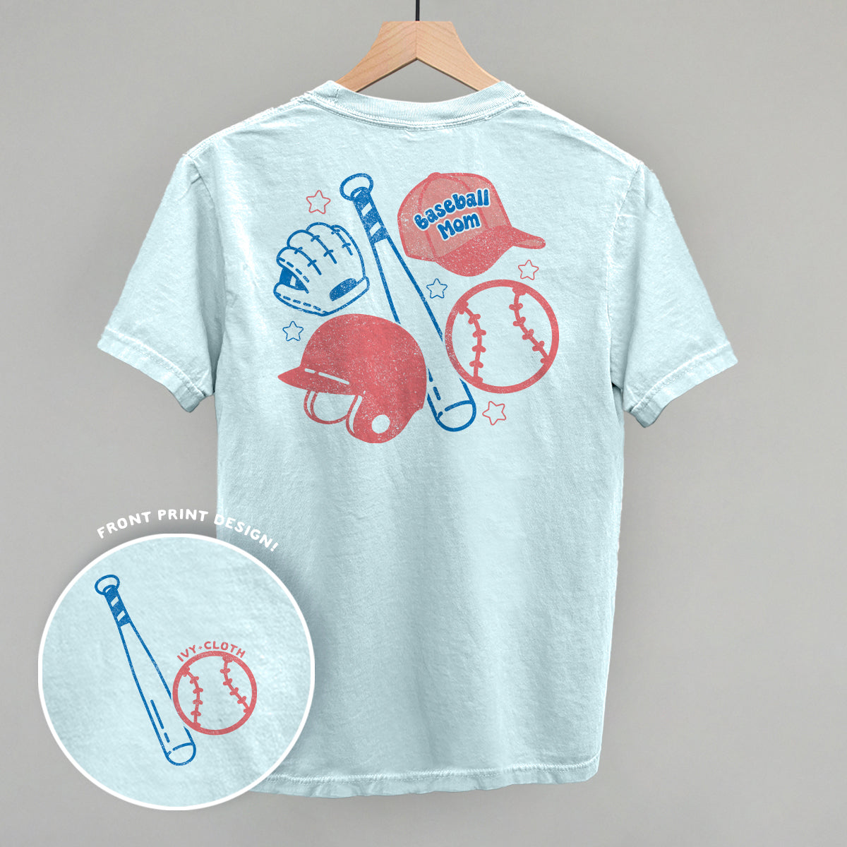 Collection of Light blue t-shirt with baseball-themed graphics on a gray background in a gallery layout