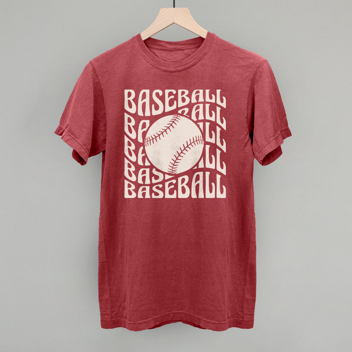 Collection of Red t-shirt with 'BASEBALL' text and a baseball graphic on a gray background in a gallery layout
