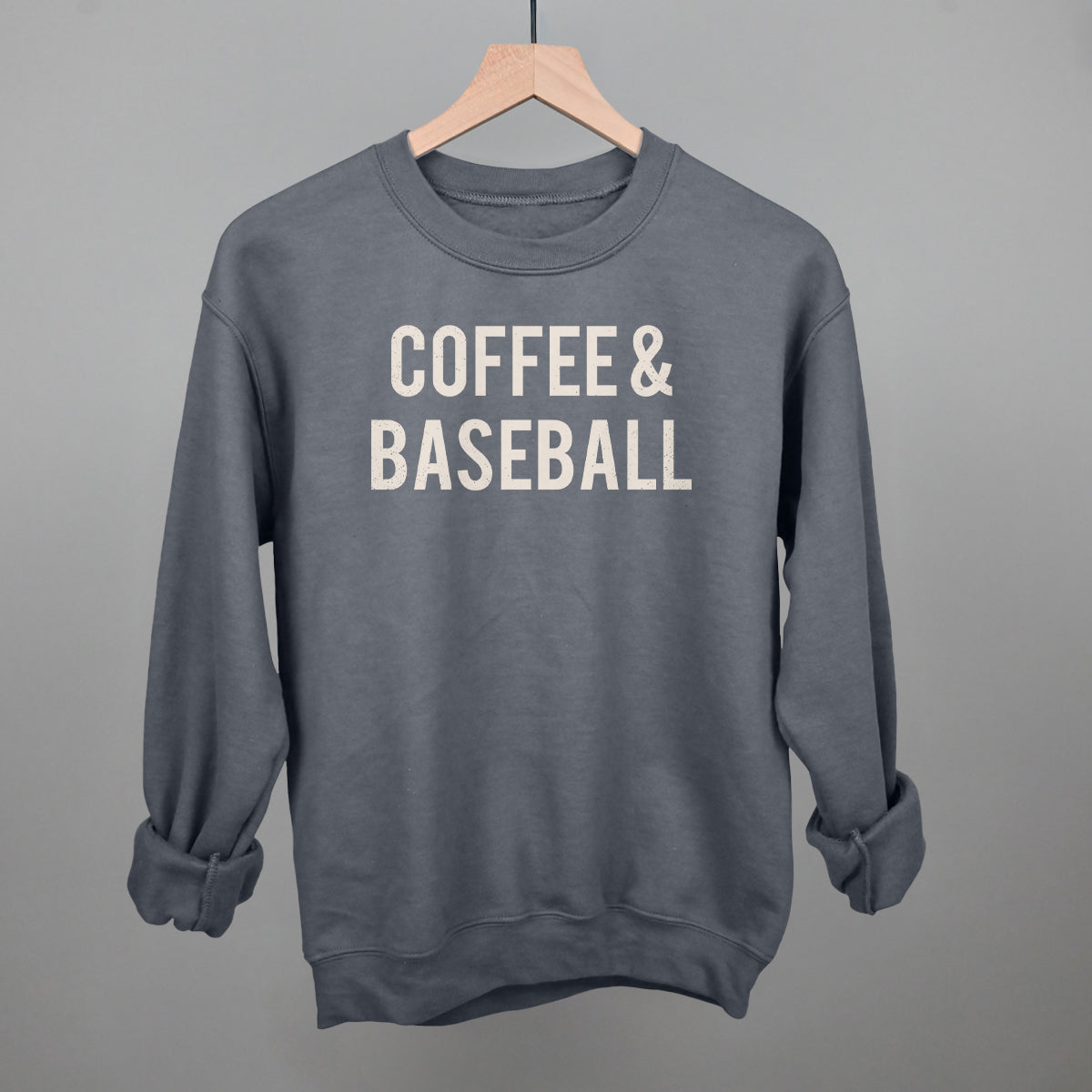 Collection of Gray comfort colors sweatshirt with 'COFFEE & BASEBALL' text on a gray background in a gallery layout