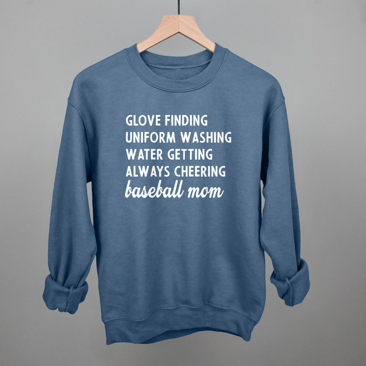 Blue comfort color sweatshirt with white text on a gray background