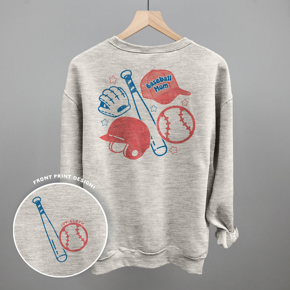 Collection of Gray sweatshirt with baseball-themed graphics on a hanger against a gray background in a gallery layout