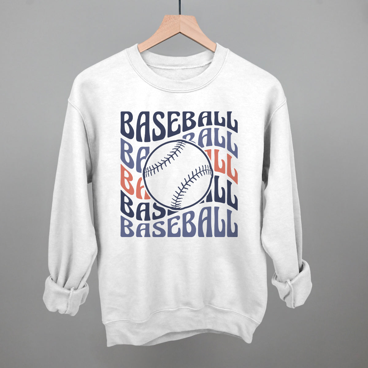 White sweatshirt with 'BASEBALL' text and a baseball graphic on a gray background