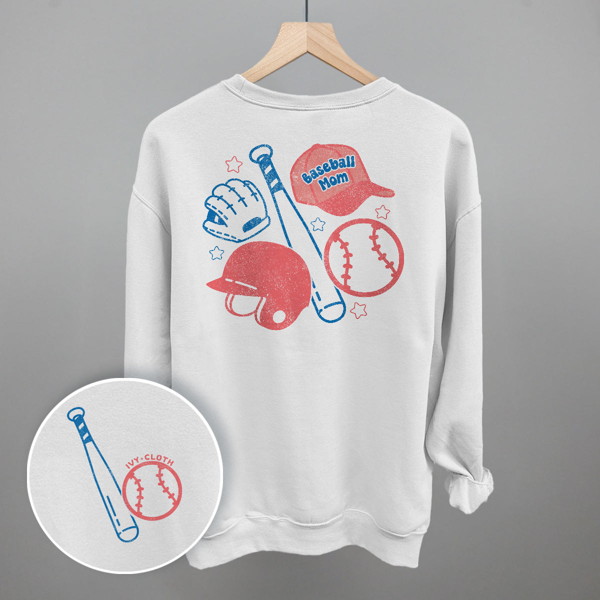 Collection of White sweatshirt with baseball-themed graphics on a gray background in a gallery layout