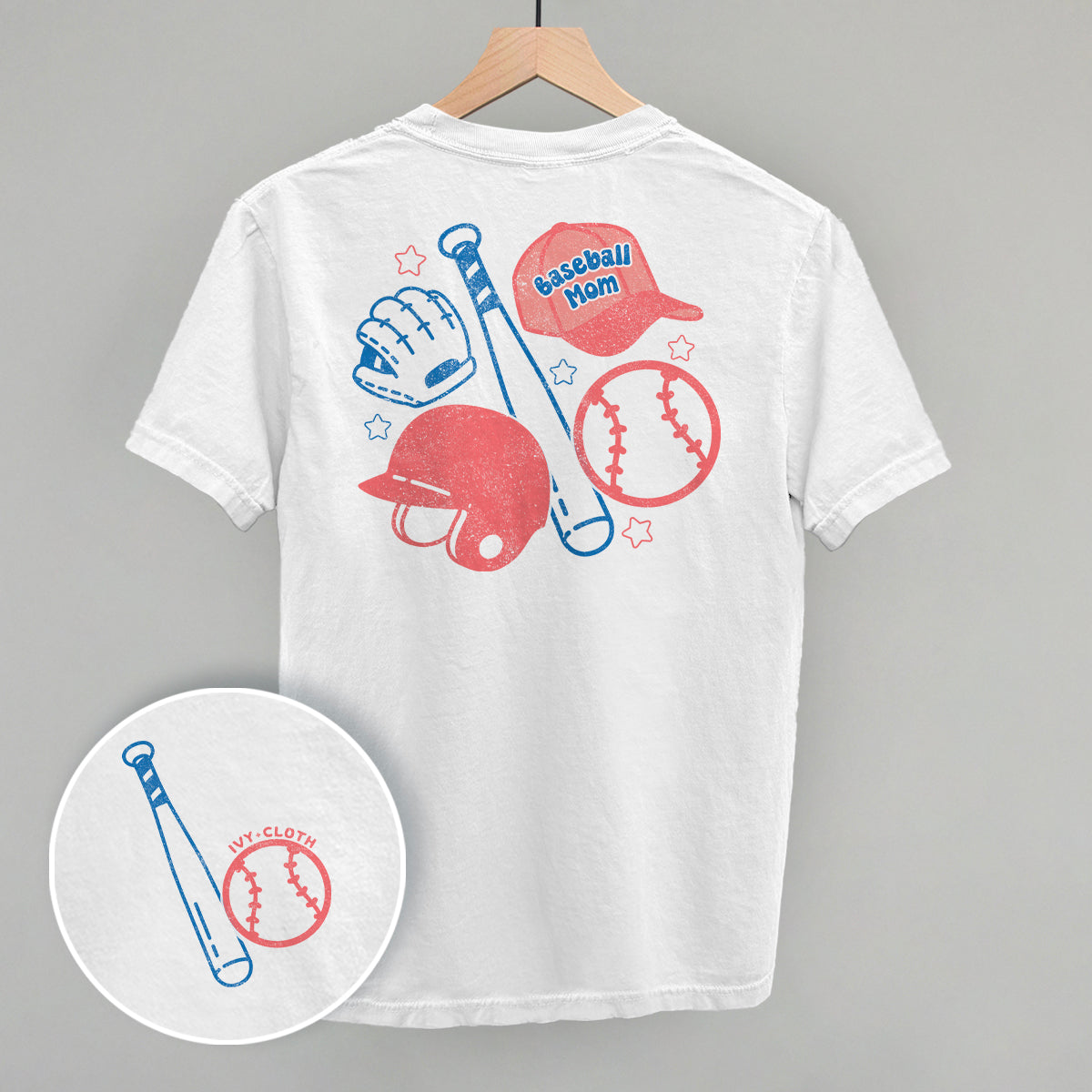 Collection of White t-shirt with baseball-themed graphics on a gray background in a gallery layout