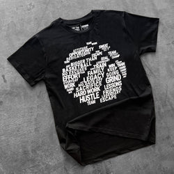Collection of Black t-shirt with white text on a gray surface in a gallery layout