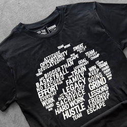 Collection of Black t-shirt with white motivational text design on a gray surface in a gallery layout