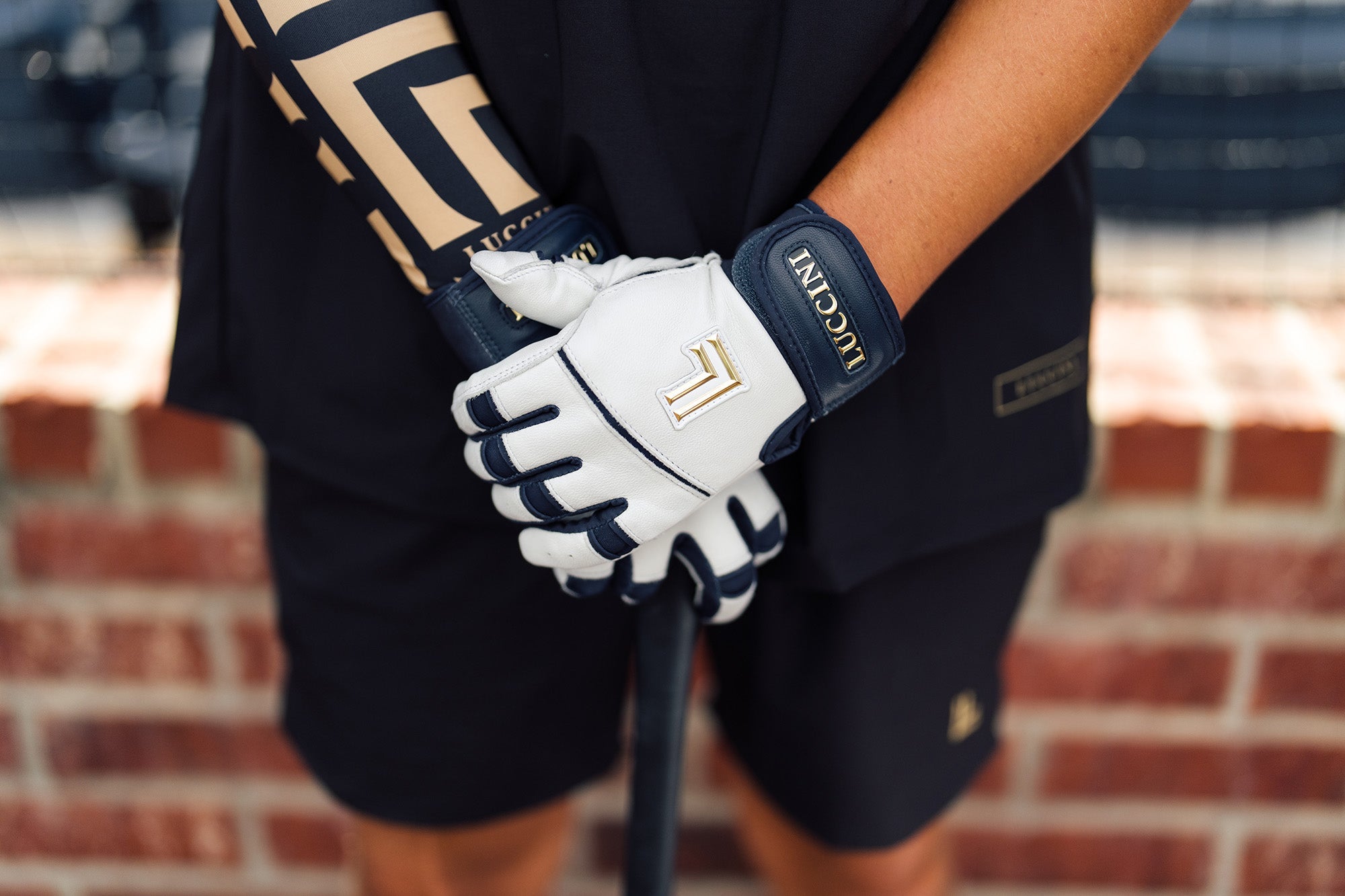 Collection of Person wearing a navy and white batting gloves holding a bat with a blurred brick wall background in a gallery layout