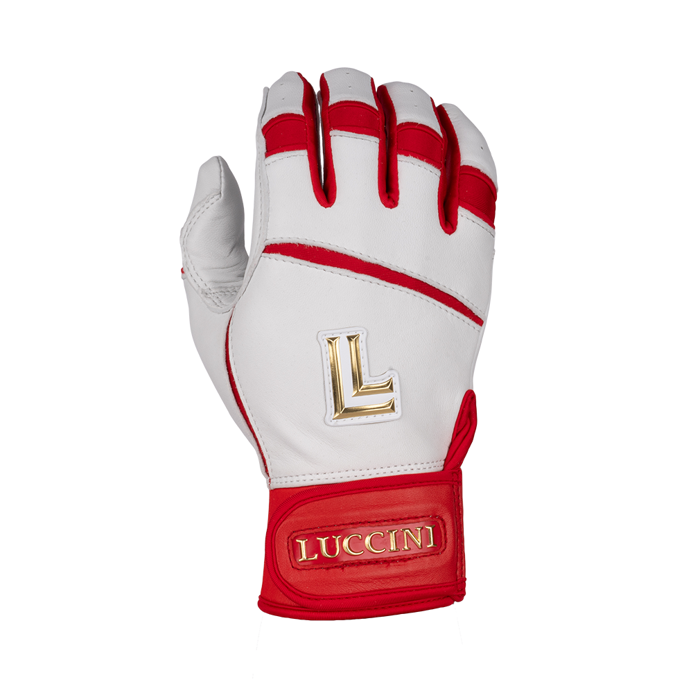Collection of White and red batting glove with gold accents on a white background, featuring the Luccini brand. in a gallery layout