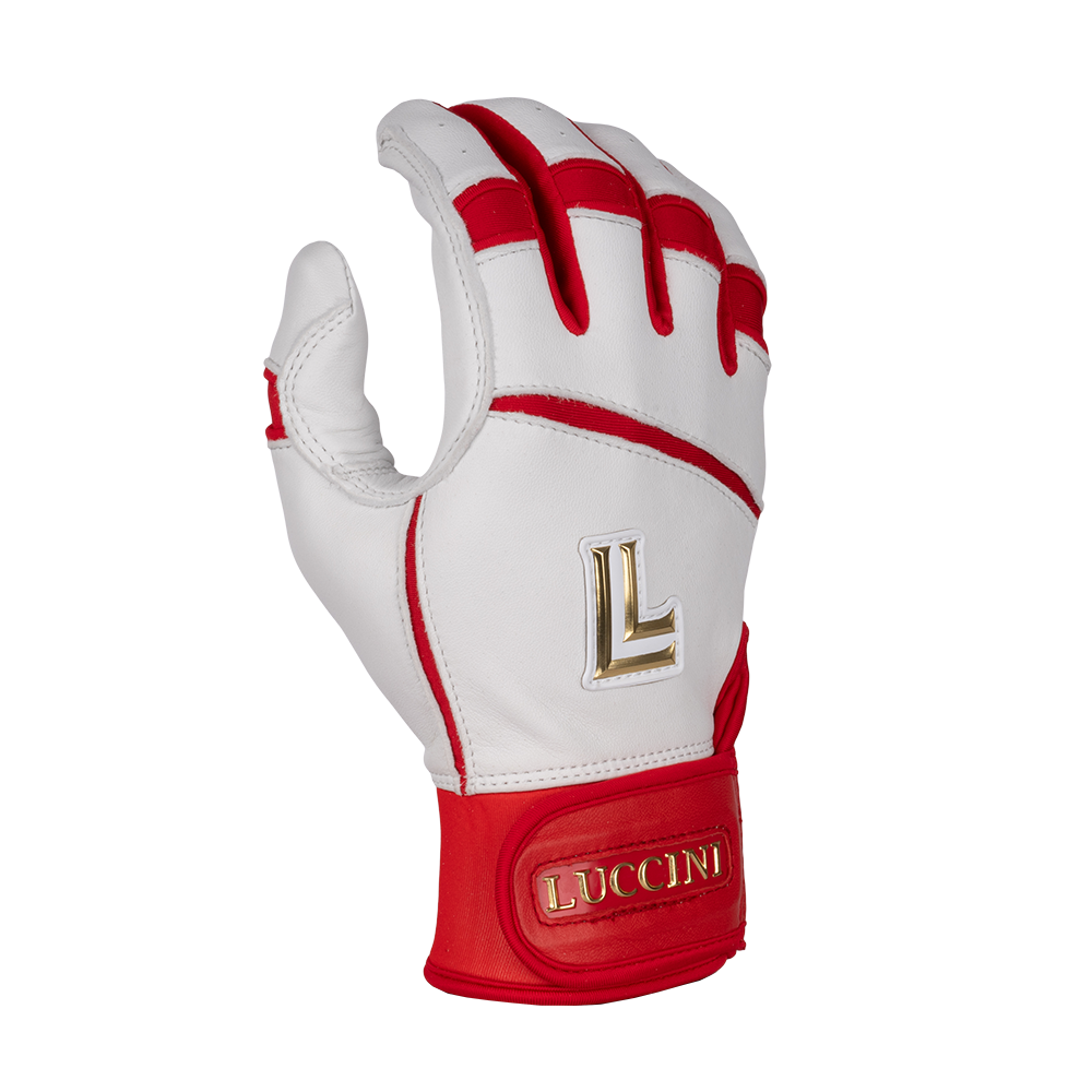 Collection of Red and white golf glove with 'Luccini' branding on a white background in a gallery layout