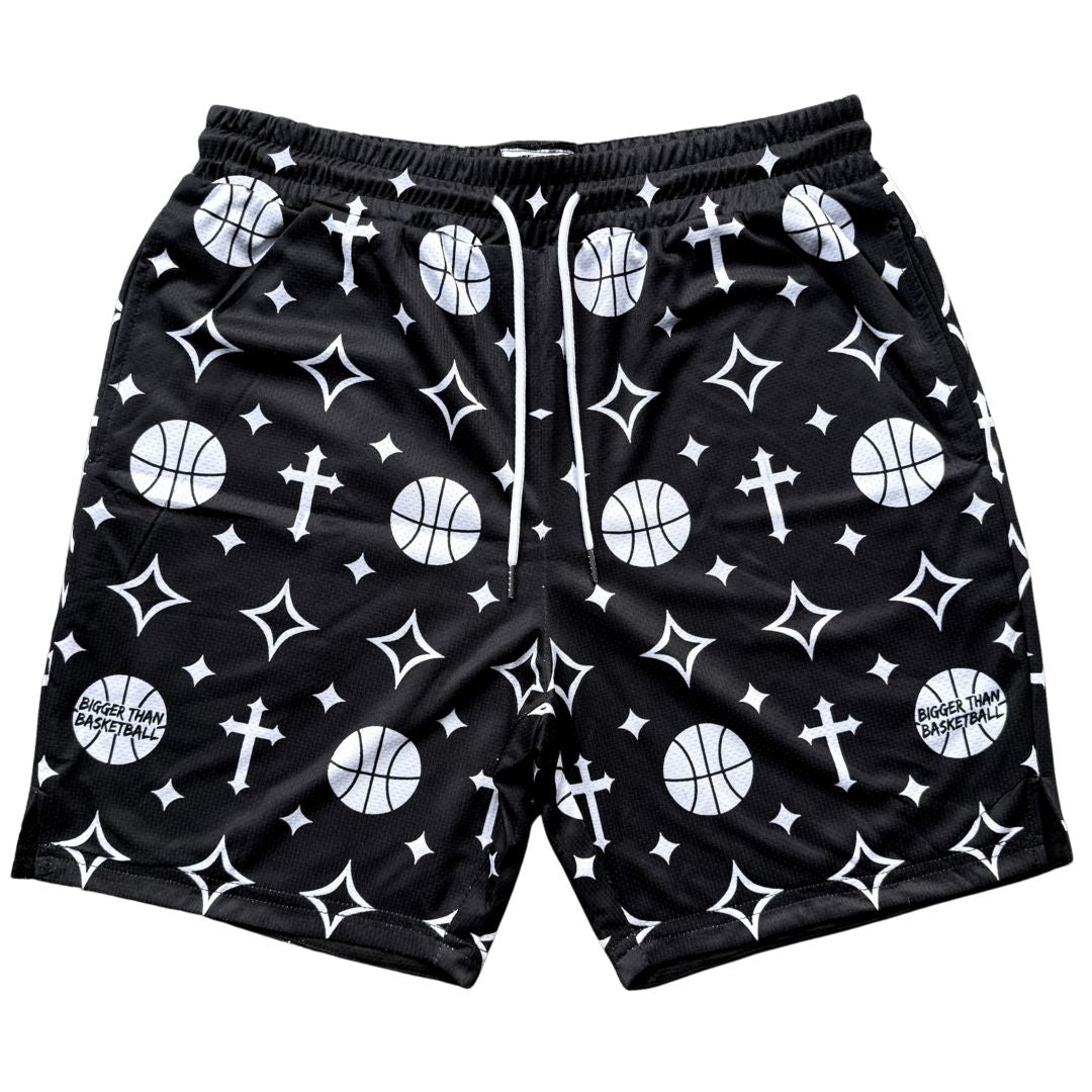 Collection of Black shorts with white basketball and religious cross pattern on a white background in a gallery layout