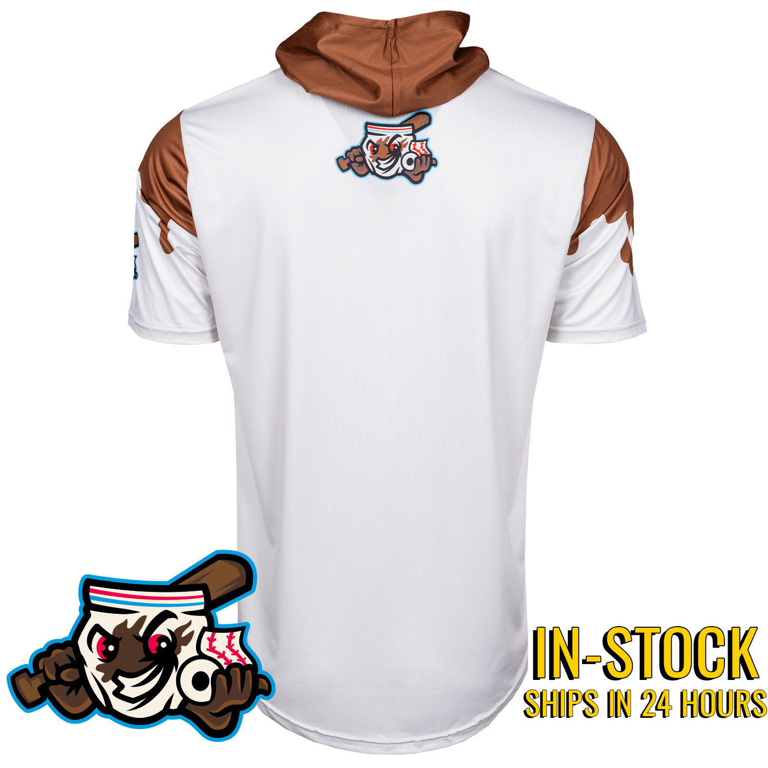 White and brown sports jersey with a logo on the back, on a white background.