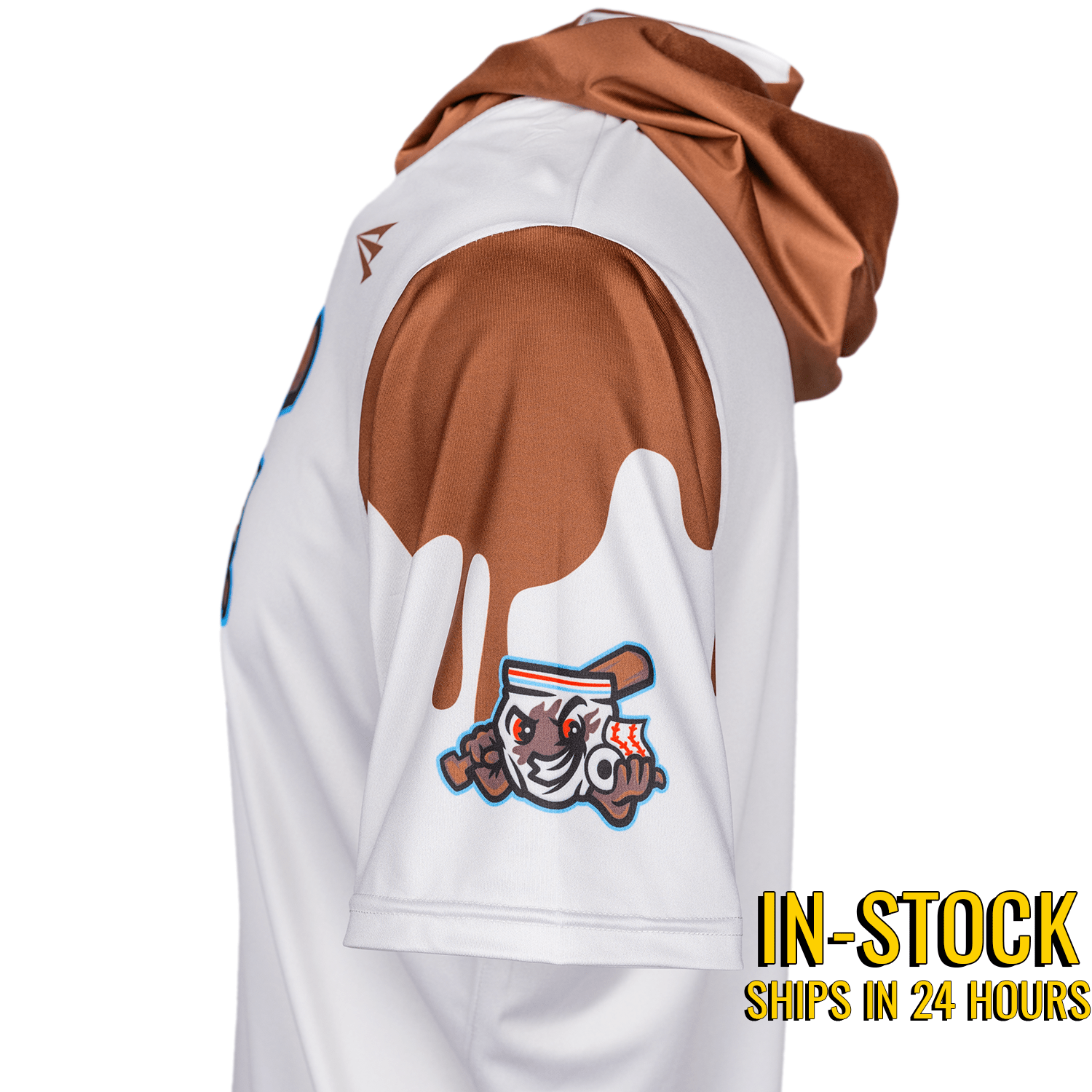 White and brown hoodie with a logo on the back, on a white background.