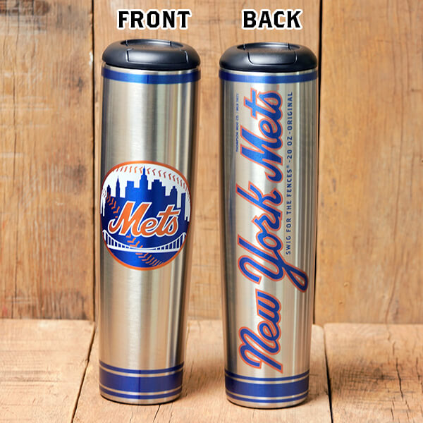 Collection of Two stainless steel tumblers with New York Mets branding on a wooden background in a gallery layout