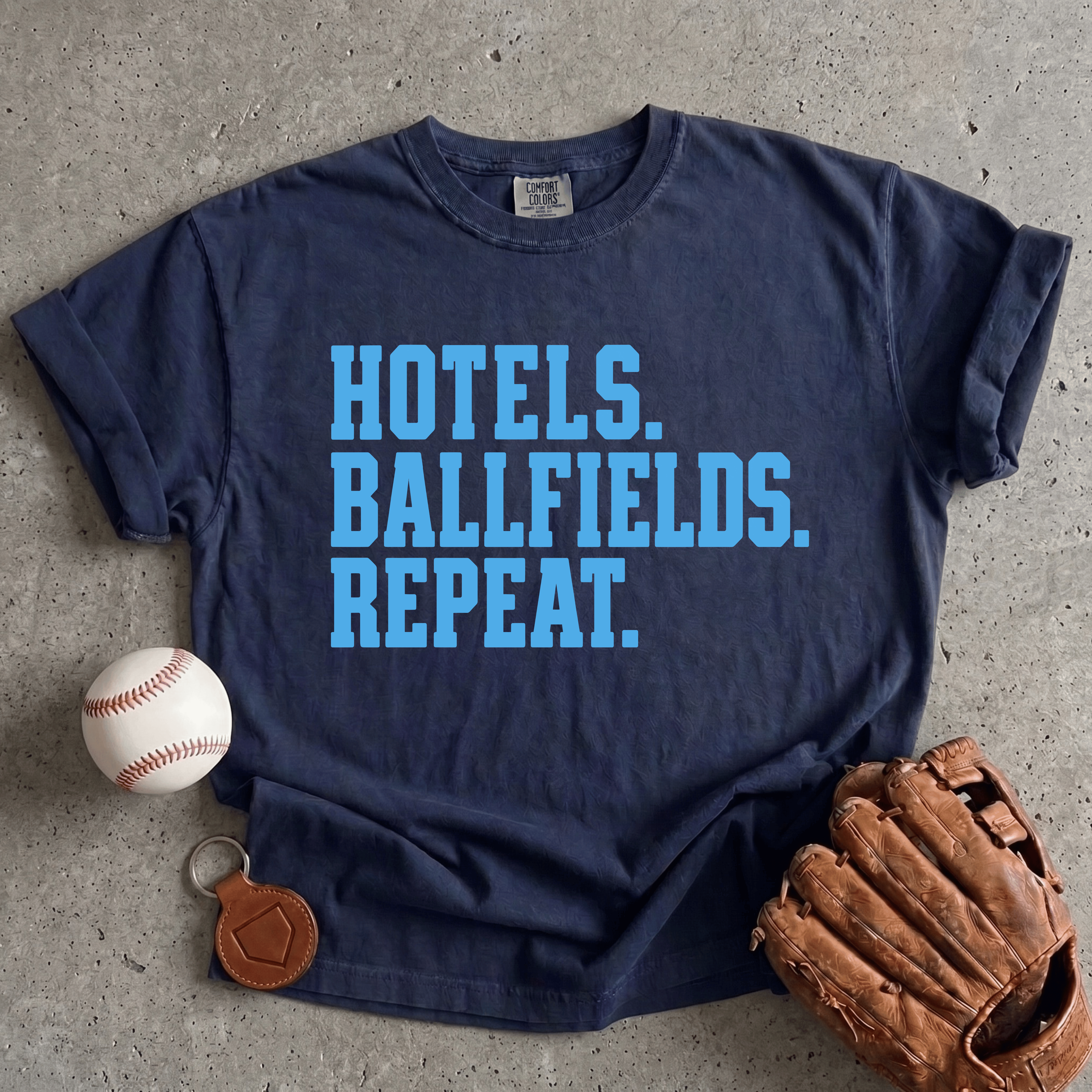 Collection of Hotels. Ballfields. Repeat. T-Shirt in a gallery layout