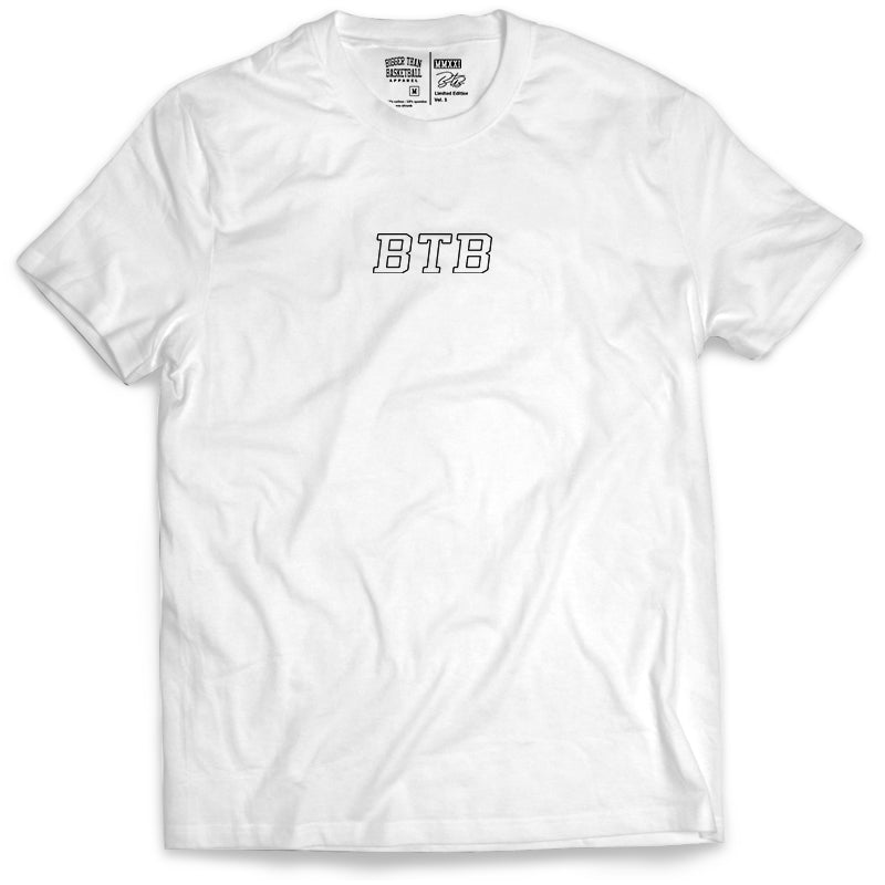 Collection of White t-shirt with 'BTB' logo on a white background in a gallery layout