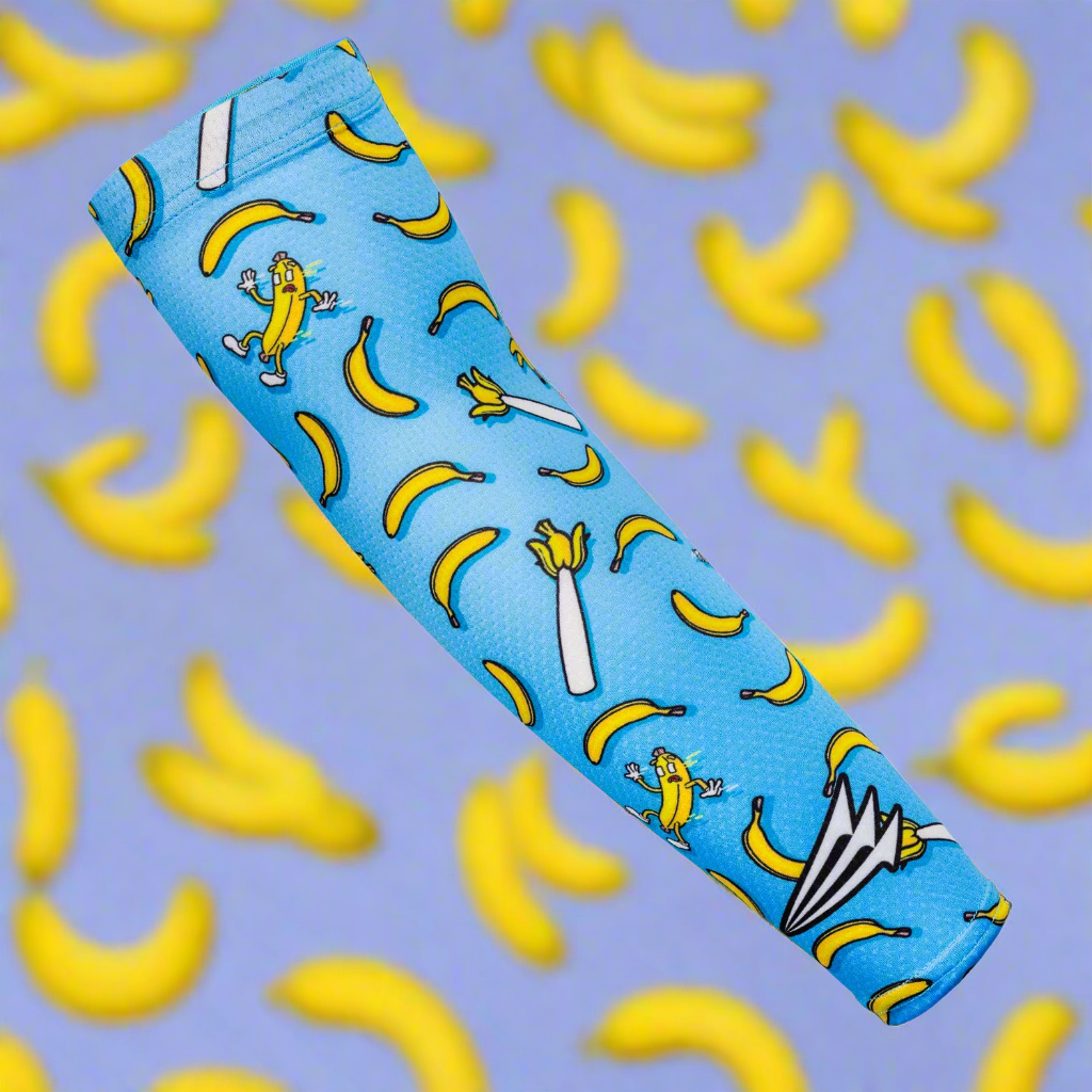 Collection of Blue tube with cartoon banana characters on a blue background with yellow bananas. in a gallery layout