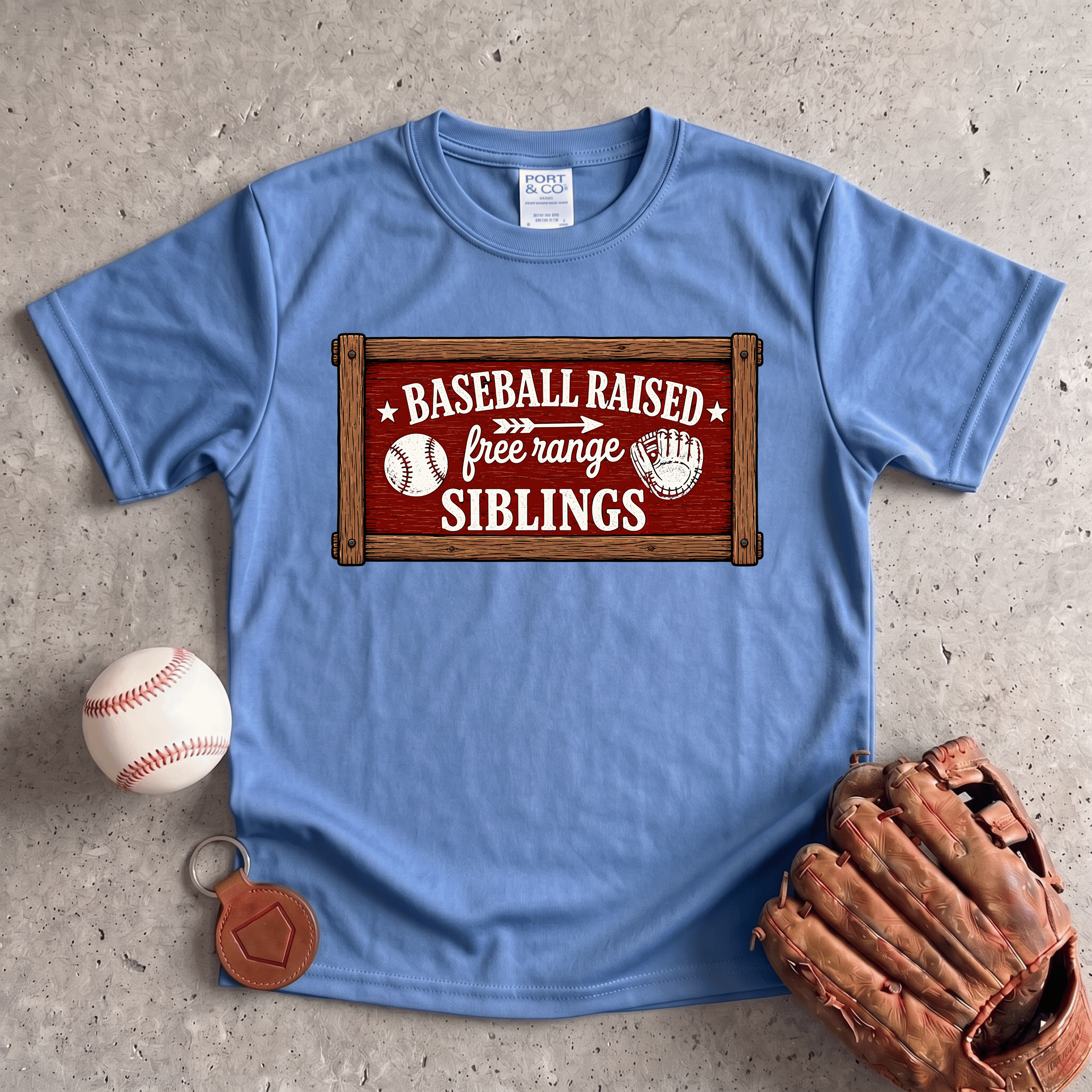 Collection of Baseball Raised Free Range Siblings Youth T-Shirt in a gallery layout