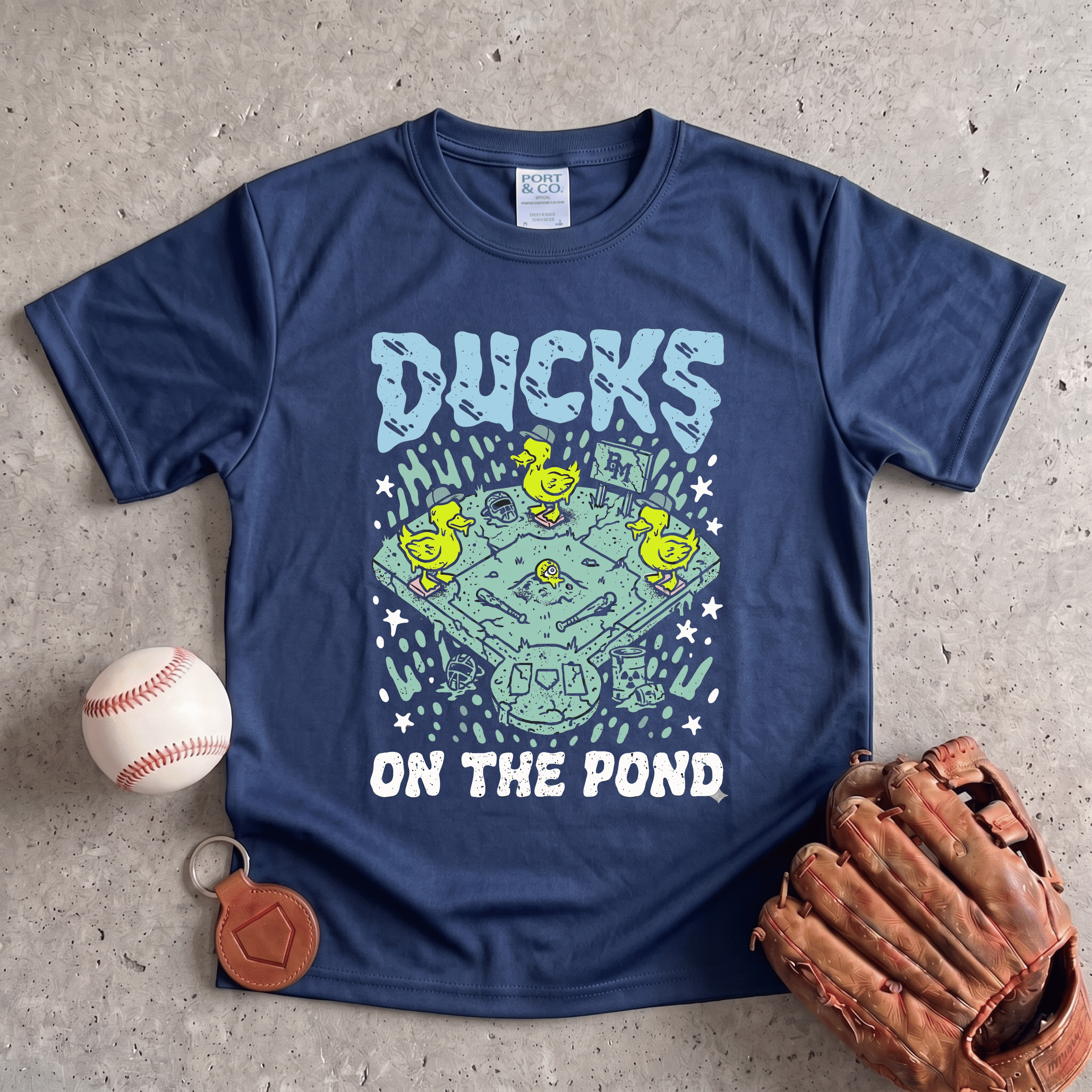Collection of Ducks on the Pond Baseball Youth Performance Tee in a gallery layout