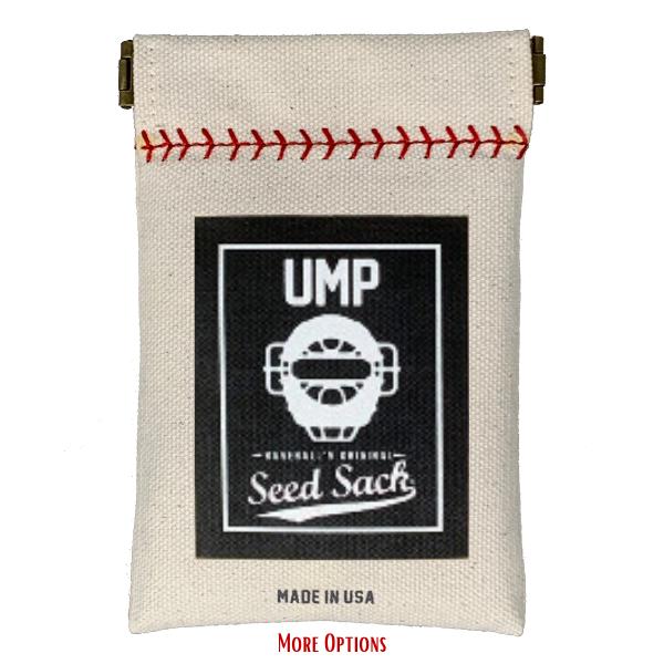 Canvas pouch with red stitching and UMP Seed Sack branding on a white background