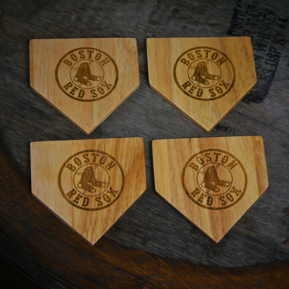 Collection of Four wooden coasters with Boston Red Sox logo on a dark surface in a gallery layout