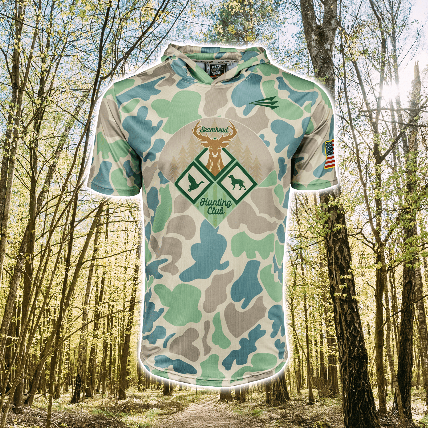 Collection of Seamhead Hunting Club Camo Baseball Hoodie in a gallery layout