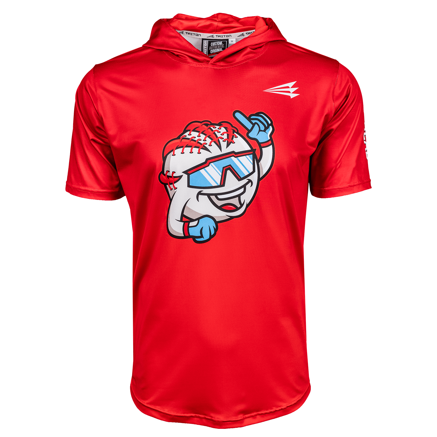 Collection of Red short sleeve hoodie with a cartoon character design on a white background in a gallery layout