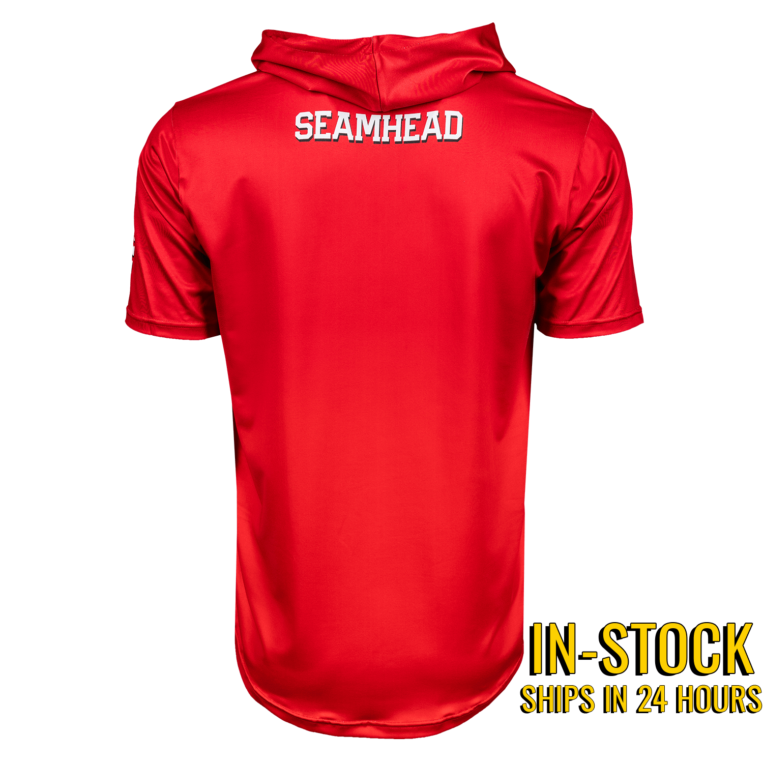 Collection of Red hoodie with 'SEAMHEAD' branding on the back, on a white background. in a gallery layout
