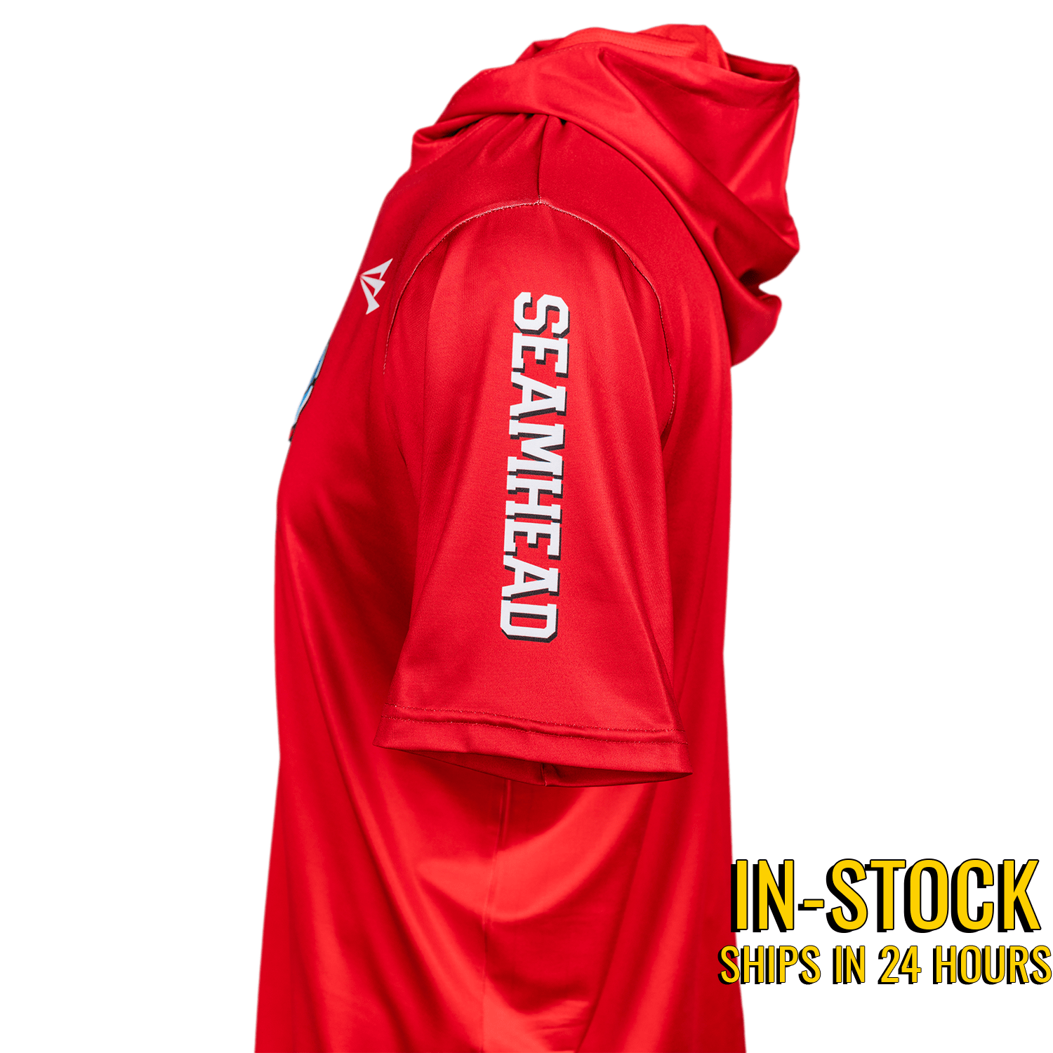 Collection of Red hoodie with 'Seamhead' branding left arm on a white background in a gallery layout