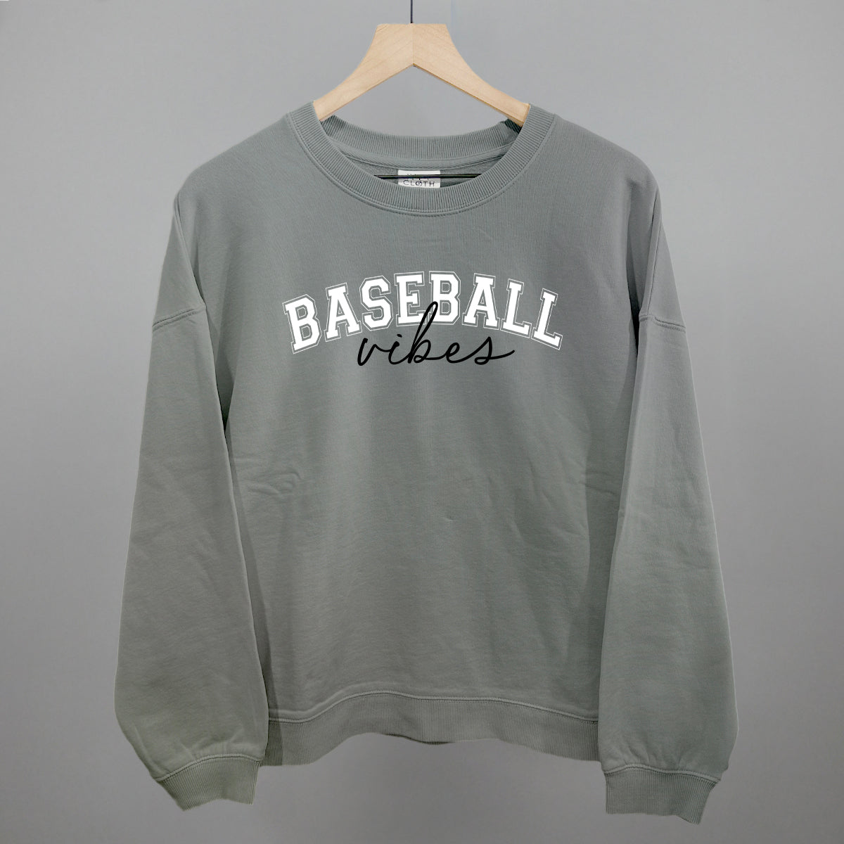 Smoke sweatshirt with 'BASEBALL vibes' text on a gray background