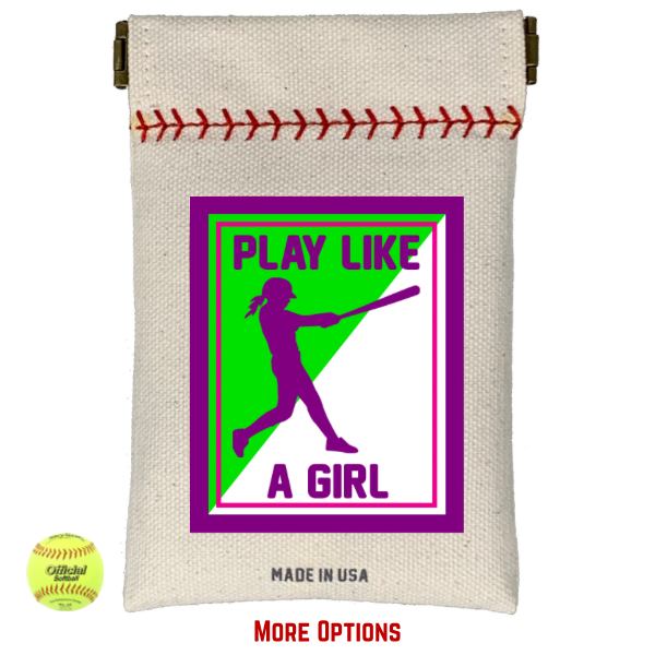Canvas pouch with 'Play Like a Girl' graphic and softball on a white background