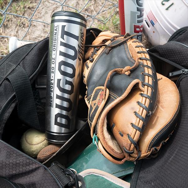 Collection of Baseball glove and Dugout can in a bag with sports equipment in a gallery layout