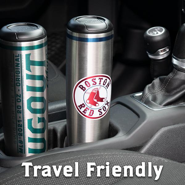 Collection of Two insulated tumblers with different designs in a car cup holder, labeled 'Travel Friendly'. in a gallery layout