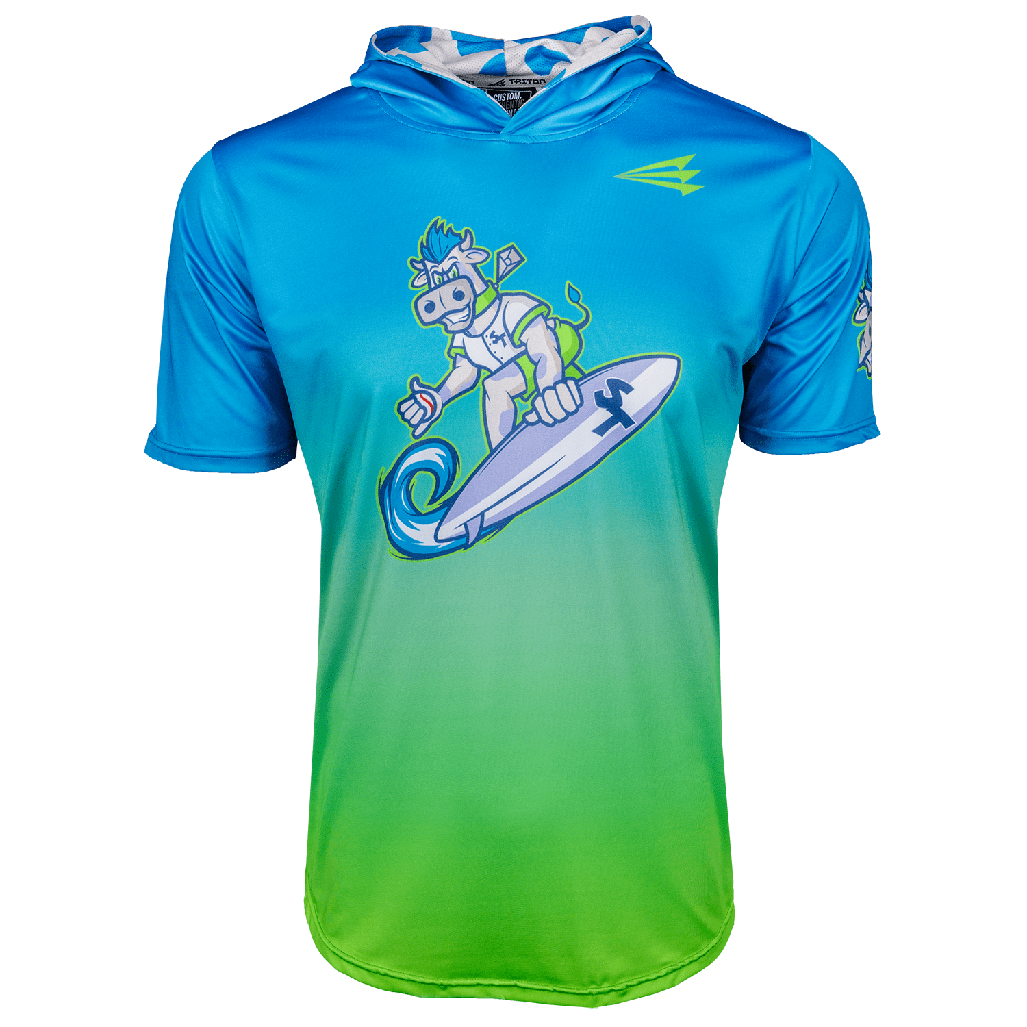 Collection of Gradient blue to green hoodie with a graphic of a character on a surfboard in a gallery layout