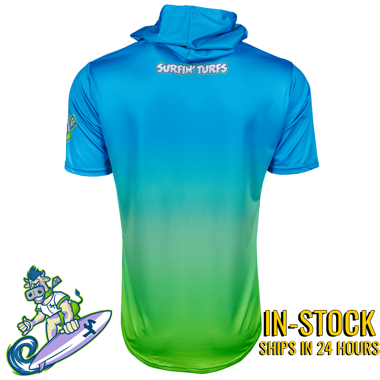 Blue to green gradient hoodie with 'Surfin' Turfs' branding on a white background.