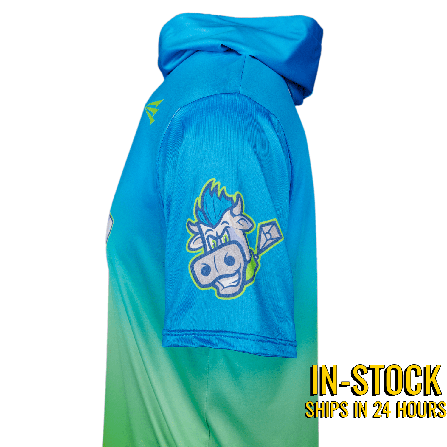 Blue and green hoodie with a cartoon character on the back, on a white background.
