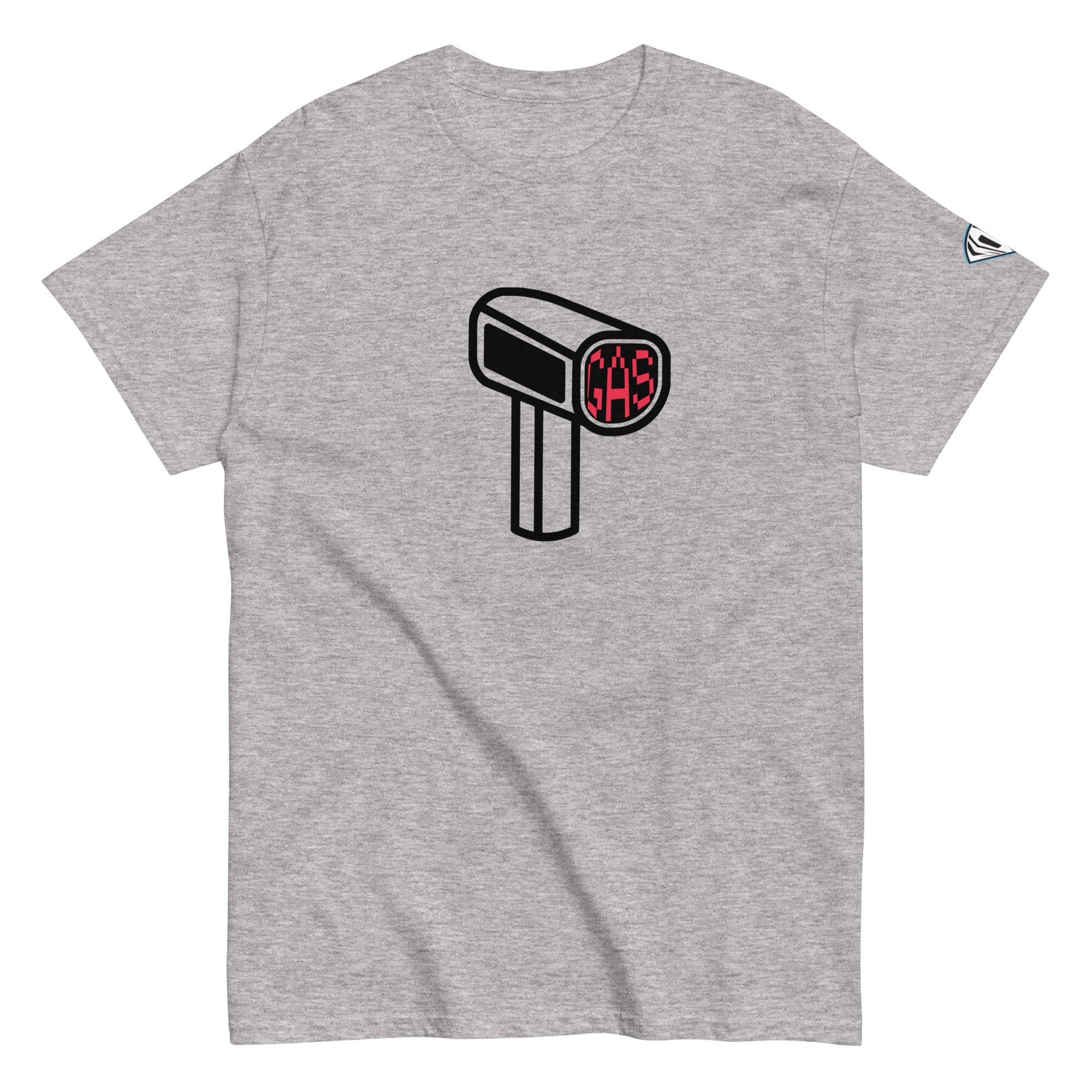 Collection of A gray t-shirt with a baseball radar gun graphic and the text 'GAS' on the front. in a gallery layout