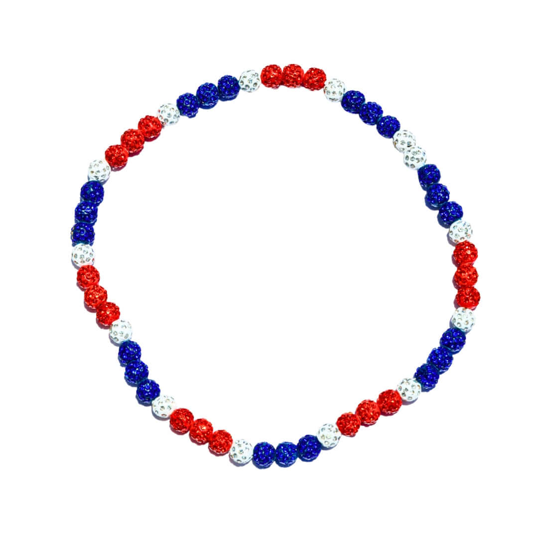 Necklace with red, white, and blue beads on a white background