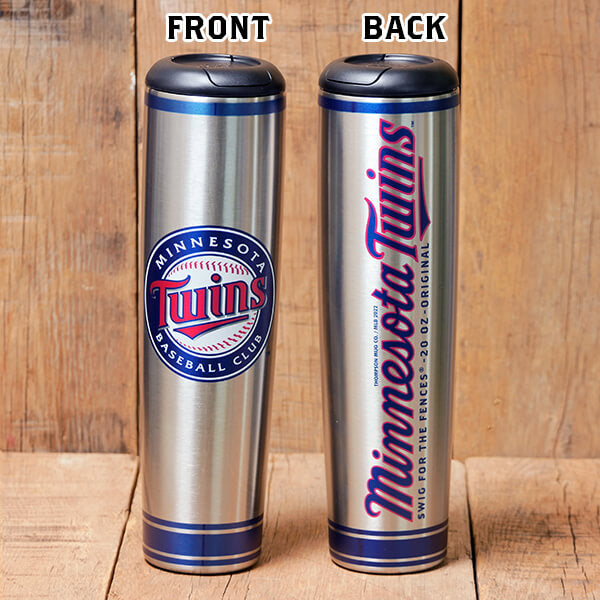 Collection of Silver tumbler with Minnesota Twins logo on a wooden background in a gallery layout