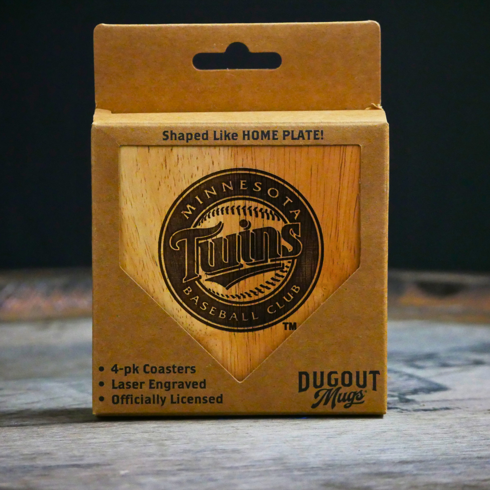 Collection of Box of Minnesota Twins coasters with a wooden design on a dark background in a gallery layout