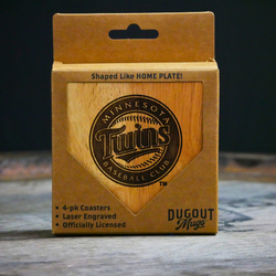 Collection of Box of Minnesota Twins coasters with a wooden design on a dark background in a gallery layout