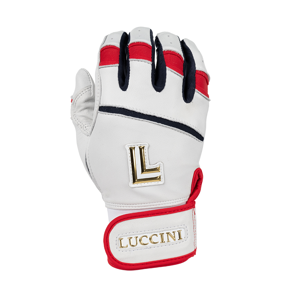 White batting glove with red and black accents and Luccini branding on a white background