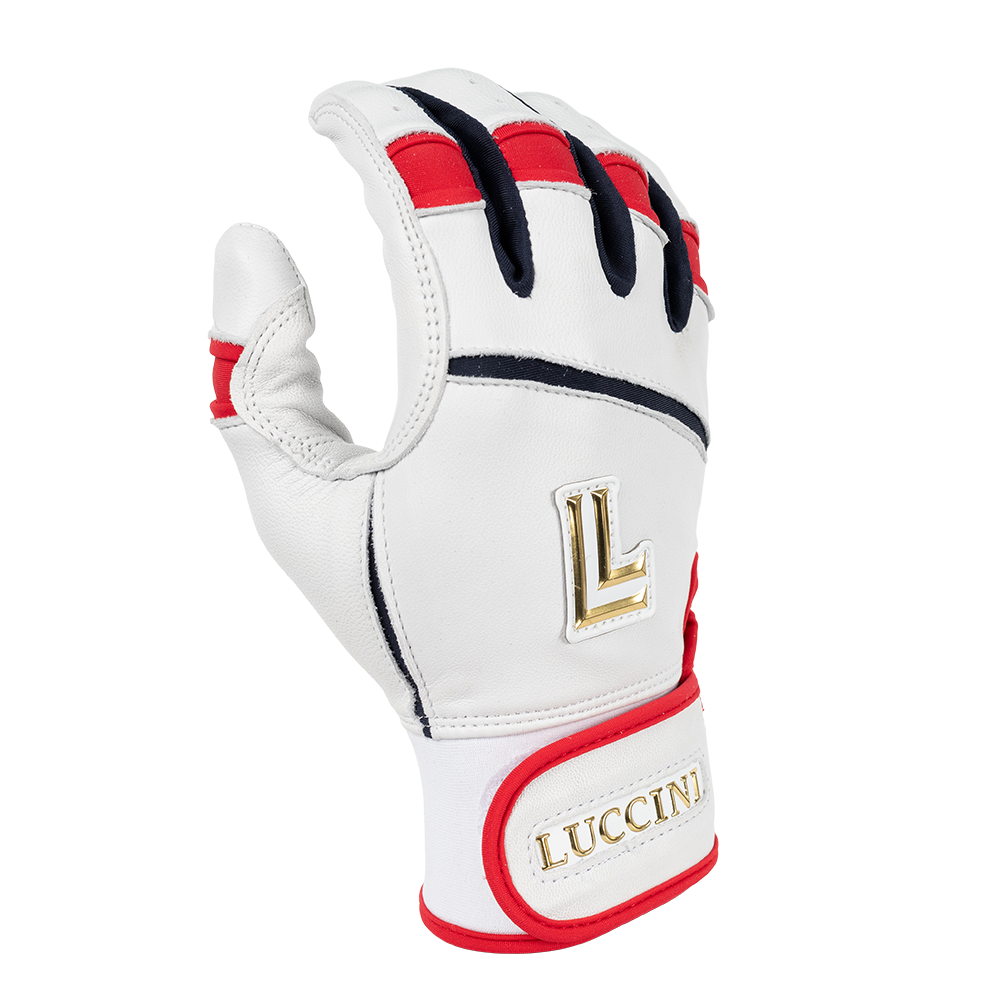 Collection of White batting glove with red and black accents and 'Luccini' branding on a white background in a gallery layout