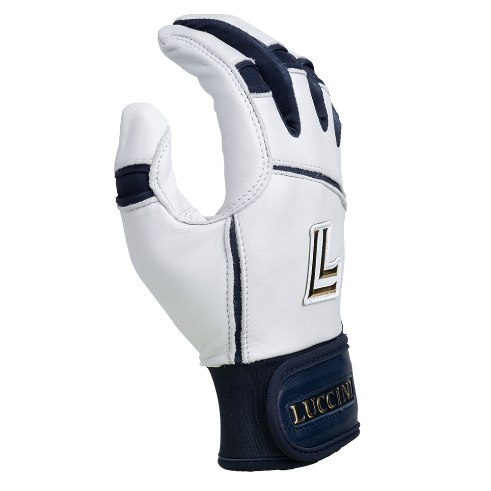 Collection of White and navy glove with Lucchini logo on a white background in a gallery layout
