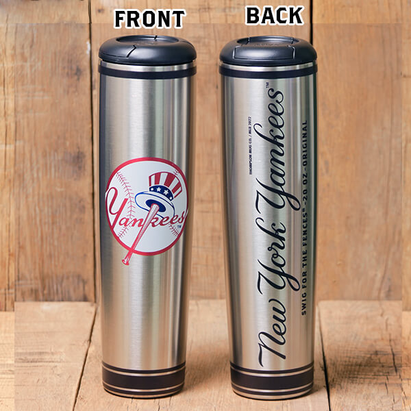 Collection of Two stainless steel tumblers with New York Yankees logo and text on a wooden background in a gallery layout
