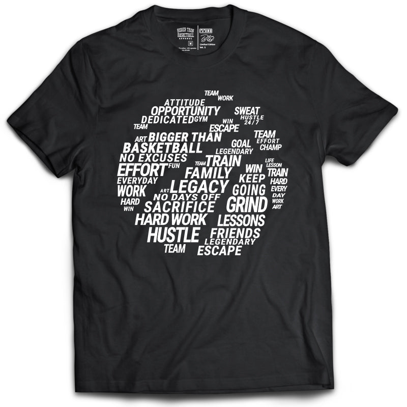 Collection of Black t-shirt with motivational phrases in white on a white background in a gallery layout