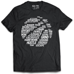 Collection of Black t-shirt with motivational phrases in white on a white background in a gallery layout