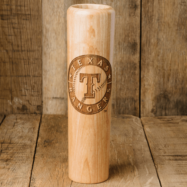 Collection of Wooden baseball bat with Texas Rangers logo on a wooden background in a gallery layout